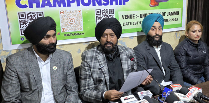 Matsogi-Do Association J&K UT President Taranjit Singh Tony along with others addressing press conference at Jammu. -Excelsior/Rakesh