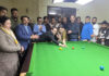 Secretary, J&K Sports Council, Nuzhat Gul demonstrating her cue skills during inaugural event of 29th Inter-District Snooker and Billiards Championship at MA Stadium, Jammu. -Excelsior/Rakesh