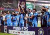 Indian Cricket team holding trophy after clinching ODI series against SA by 2-1 on Saturday.