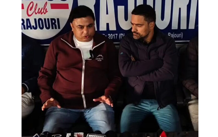 District Stone Crushers Association members addressing press conference at Rajouri. — Excelsior/ Imran