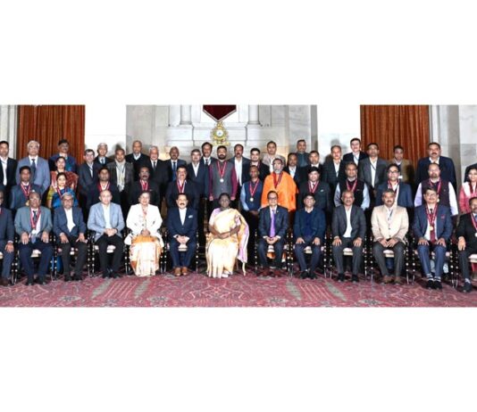 President of India, Droupadi Murmu, flanked by Union Minister Dr Jitendra Singh, posing for group photograph with the recipients of “Rashtriya Vigyan Puraskar 2025” at Rashtrapati Bhavan, New Delhi on Tuesday.