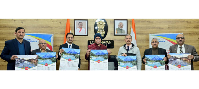 Lieutenant Governor Manoj Sinha unveiling JK Bank's Wall and Table Calendars for the year 2026 on Tuesday.
