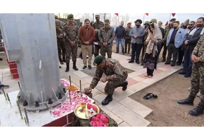 GOC 25 Inf Div, Maj Gen Kaushik Mukherjee, laying foundation stone for 105 ft tall monumental National Flag at Banpat view point in Poonch. — Excelsior/Ramesh Bali GOC 25 Inf Div, Maj Gen Kaushik Mukherjee, laying foundation stone for 105 ft tall monumental National Flag at Banpat view point in Poonch. — Excelsior/Ramesh Bali