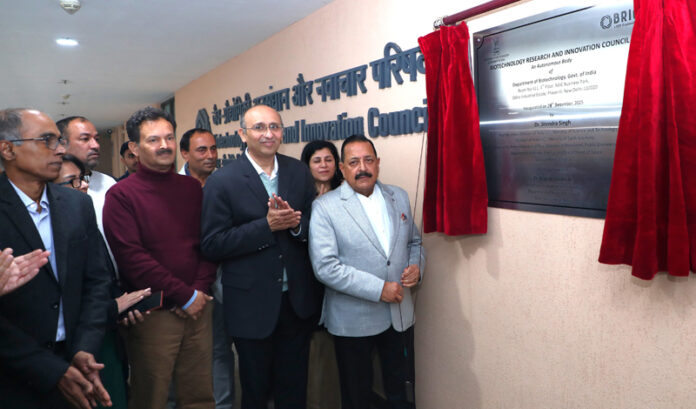 Union Minister Dr Jitendra Singh inaugurating the new Secretariat complex of “Biotechnology Research & Innovation Council” (BRIC) at NSIC Business Park, New Delhi on Monday. Also seen is Union Secretary Biotechnology, Rajesh Gokhale.