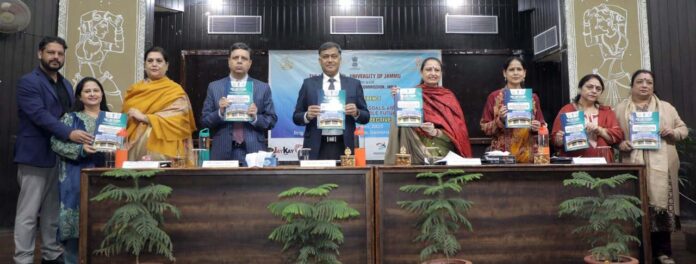 Guests releasing souvenir during inaugural of National Conference on SDGs & Human Rights at JU on Thursday. -Excelsior/Rakesh