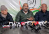CWC member and AICC in-charge Ajay Kumar Lallu, along with JKPCC President Tariq Hameed Karra and Nizamuddin Bhat, during a press conference in Srinagar on Monday. —Excelsior/Shakeel
