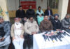 SMVD Sangharsh Samiti Convener, Colonel Sukhvir Singh Mankotia and others addressing press conference at Jammu on Monday. — Excelsior/Rakesh