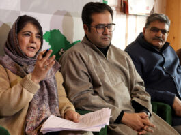PDP president Mehbooba Mufti during a press conference in Srinagar on Friday. -Excelsior/Shakeel