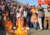 Rashtriya Bajrang Dal activists torching an effigy during protest at Jammu on Thursday. -Excelsior/Rakesh