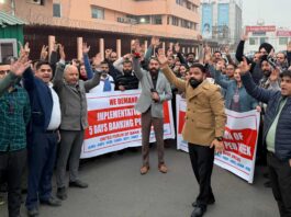 Bank employees staging a protest in favour of their demands in Jammu.