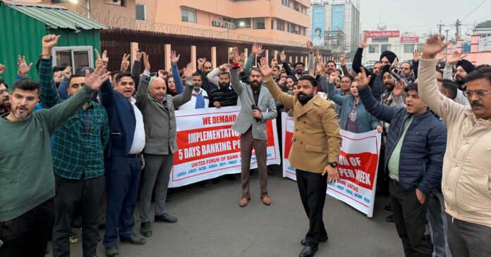 Bank employees staging a protest in favour of their demands in Jammu.
