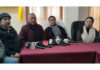 Chering Dorjay Lakrook, LBA president, addressing a press conference in Leh.