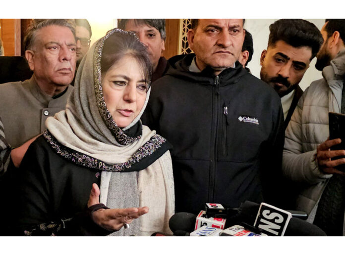 PDP President Mehbooba Mufti during party's one day interaction program in Srinagar on Sunday. -Excelsior/Shakeel PDP President Mehbooba Mufti during party's one day interaction program in Srinagar on Sunday. -Excelsior/Shakeel