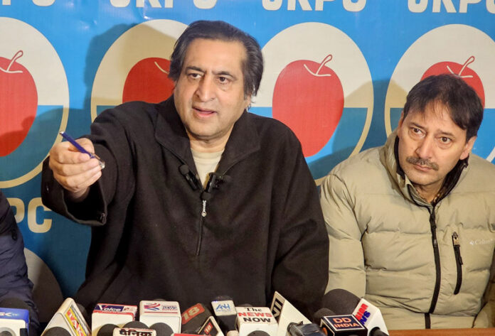 Peoples Conference President Sajad Lone during a press conference in Srinagar on Sunday. -Excelsior/Shakeel