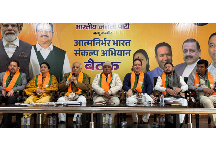 BJP leaders during a meeting at party office in Jammu on Sunday. BJP leaders during a meeting at party office in Jammu on Sunday.