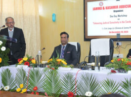 Justice Rahul Bharti delivering inaugural address during workshop at Jammu on Saturday.