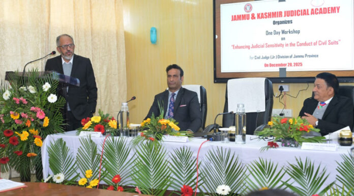 Justice Rahul Bharti delivering inaugural address during workshop at Jammu on Saturday.