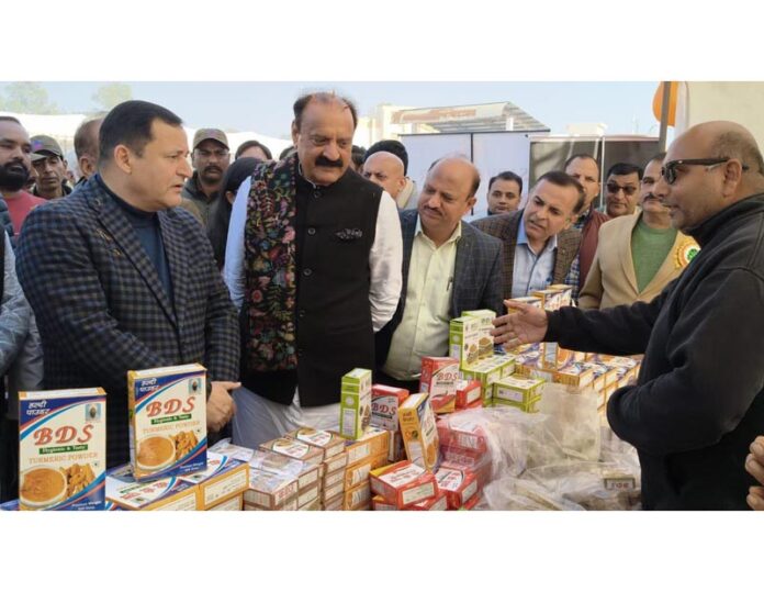 Minister Javid Ahmed Dar inspecting a stall during Farmers' Mela at Samba on Tuesday.