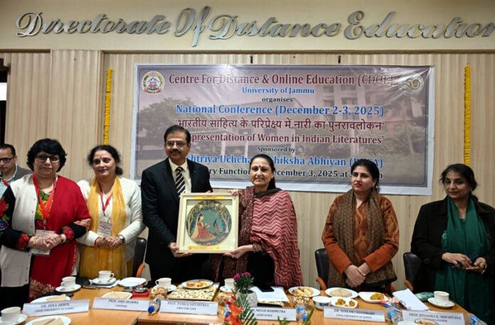 Prof Neelu Rohmetra being presented a memento during valedictory function of two-day seminar at JU on Wednesday. Prof Neelu Rohmetra being presented a memento during valedictory function of two-day seminar at JU on Wednesday.