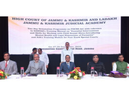Justice Rajnesh Oswal and Justice Rahul Bharti during orientation programme at Jammu on Saturday.