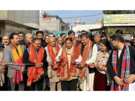 BJP president, Sat Sharma inaugurating exhibition on life of former Prime Minister, Atal Bihari Vajpayee at Jammu on Saturday.