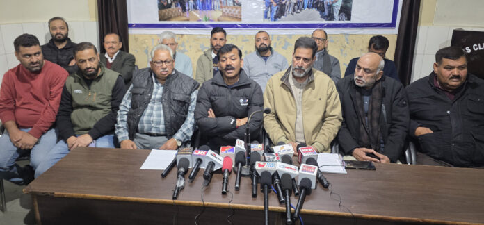 PHE contractors addressing a press conference in Jammu. —Excelsior/Rakesh