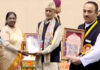Craftsmen Manzoor Ahmad Khan and Khawaja Nazir Ali being conferred National Awards by President of India Draupadi Murmu at New Delhi on Tuesday.