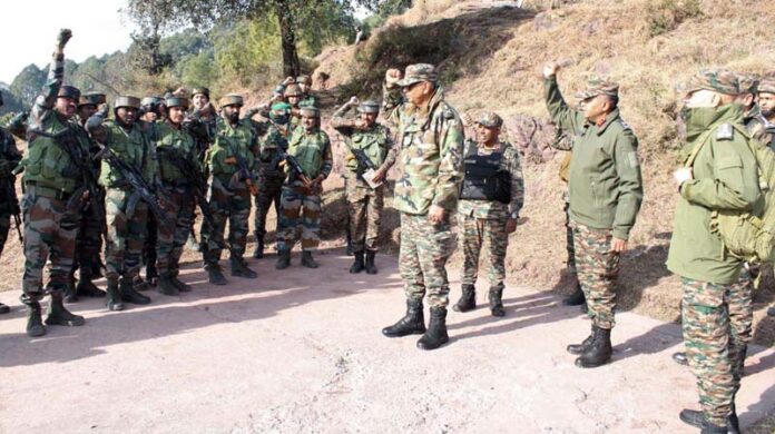 GOC White Knight Corps Lt General PK Mishra interacting with officers and jawans in Rajouri on Friday.