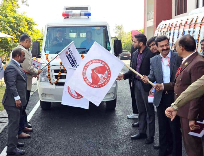 CEO SMVD Shrine Board and others flagging off Blood Donation Van & Critical Care Ambulance donated by Indian Oil.