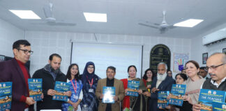 Additional Chief Secretary Shantmanu and others release College Newsletter during workshop by GCOE and CUJ.