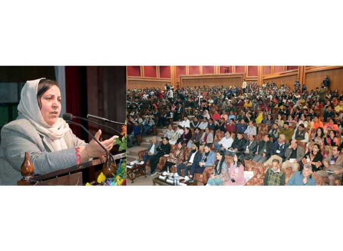 Minster Sakeena Itoo speaking at an event at Jammu on Wednesday.