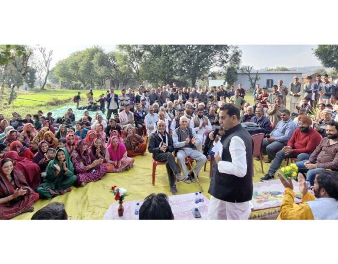 MLA Jasrota, Rajiv Jasrotia addressing a public gathering after inauguration of play ground in village Juthana in his constituency on Tuesday.