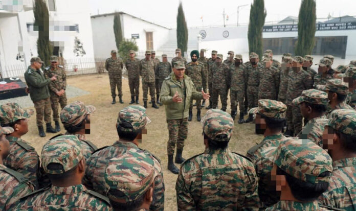 Lt Gen Pratik Sharma interacting with soldiers during visit of south Kashmir.