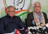 Former Union Minister Salman Khurshid alongwith JKPCC President Tariq Hameed Karra during a press conference in Srinagar on Saturday. -Excelsior/Shakeel