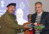 LG Ladakh Kavinder Gupta being received by DGP, Dr S D Singh Jamwal during police conference at Leh.