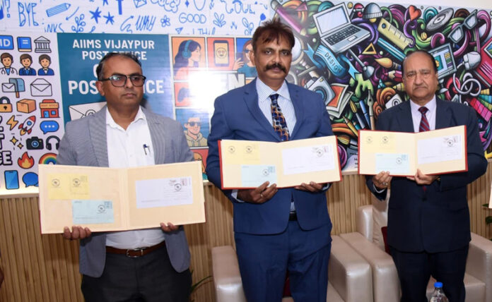 ED & CEO of AIIMS Jammu Dr Shakti Kumar Gupta and DSVR Murthy (CPG, J&K Circle) during inauguration of Gen Z Post Office in the Institute campus.