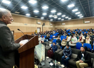 LG Ladakh Kavinder Gupta addressing a gathering at Leh on Monday.