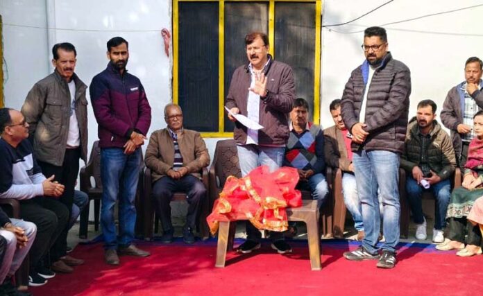 MLA Jammu West, Arvind Gupta along with members of Temple Committee while laying the foundation of a Community Hall at Rajpura Mangotrian on Wednesday.