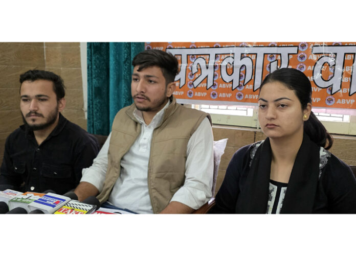 ABVP leaders addressing a press conference at Jammu on Saturday. -Excelsior/Rakesh ABVP leaders addressing a press conference at Jammu on Saturday. -Excelsior/Rakesh