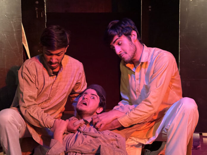 A scene from the play 'Topian' staged in Jammu on Sunday.