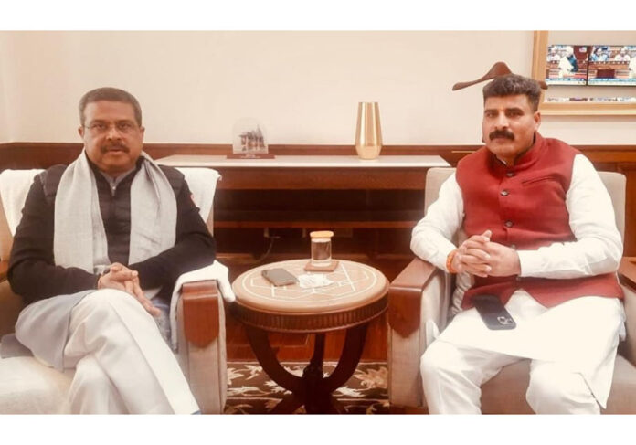 Senior leader from J&K Pawan Khajuria during a meeting with Union Minister of Education, Dharmendra Pradhan at New Delhi on Wednesday.