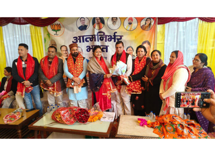 BJP leaders and workers during a function in Hiranagar on Saturday.