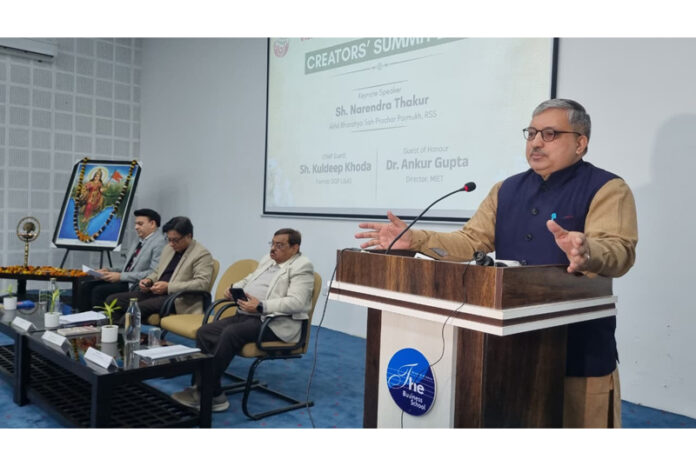 Kuldeep Khoda and others on dais as Narendra Thakur delivering key note address during Creators' Summit at JU on Saturday. Kuldeep Khoda and others on dais as Narendra Thakur delivering key note address during Creators' Summit at JU on Saturday.