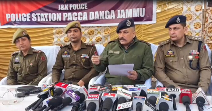 SP Jammu North Vivek Shekhar Sharma addressing media persons at Police Station Pacca Danga on Wednesday.