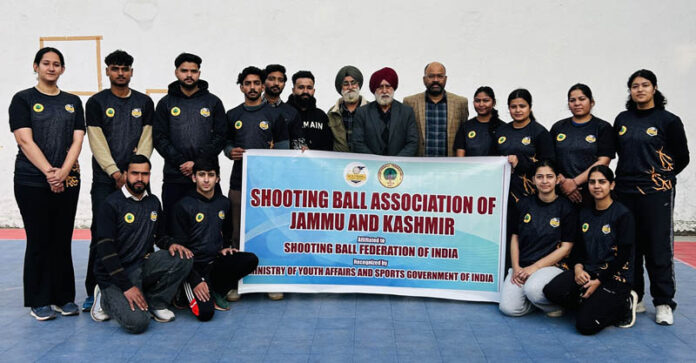 J&K shooting ball team posing with officials before leaving to Maharashtra for National Championship.