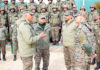 Lt Gen Pratik Sharma interacting with troops at Joint Control Center in Kashmir on Sunday.