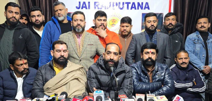 Leaders of Yuva Rajput Sabha addressing press conference at Jammu on Saturday. -Excelsior/Rakesh