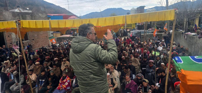 Senior BJP leader, Ch Zulfkar Ali addressing large gathering at Budhal in Rajouri on Wednesday.