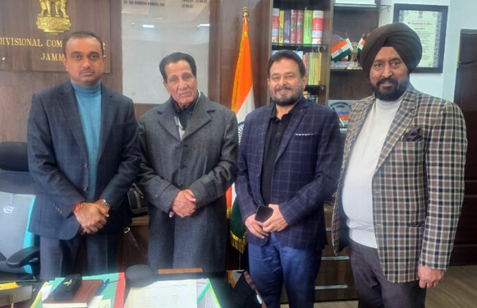 Former Ministers RS Chib, Ch Gharu Ram and DDC Suchetgarh TS Tony during meeting with Div Com at Jammu on Friday.