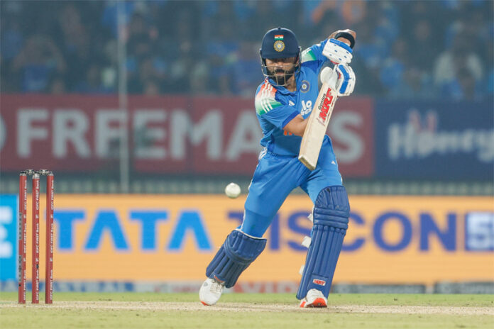 Virat Kohli playing a cover drive during his innings of 93 runs against New Zealand.